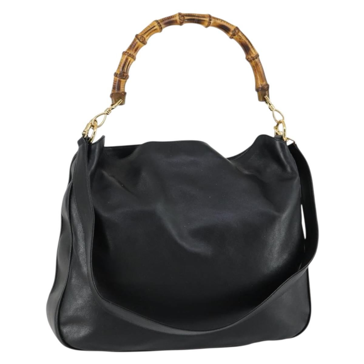 GUCCI Bamboo Shoulder Bag Leather 2way Black Gold 001 1577 2615 Auth 151534
