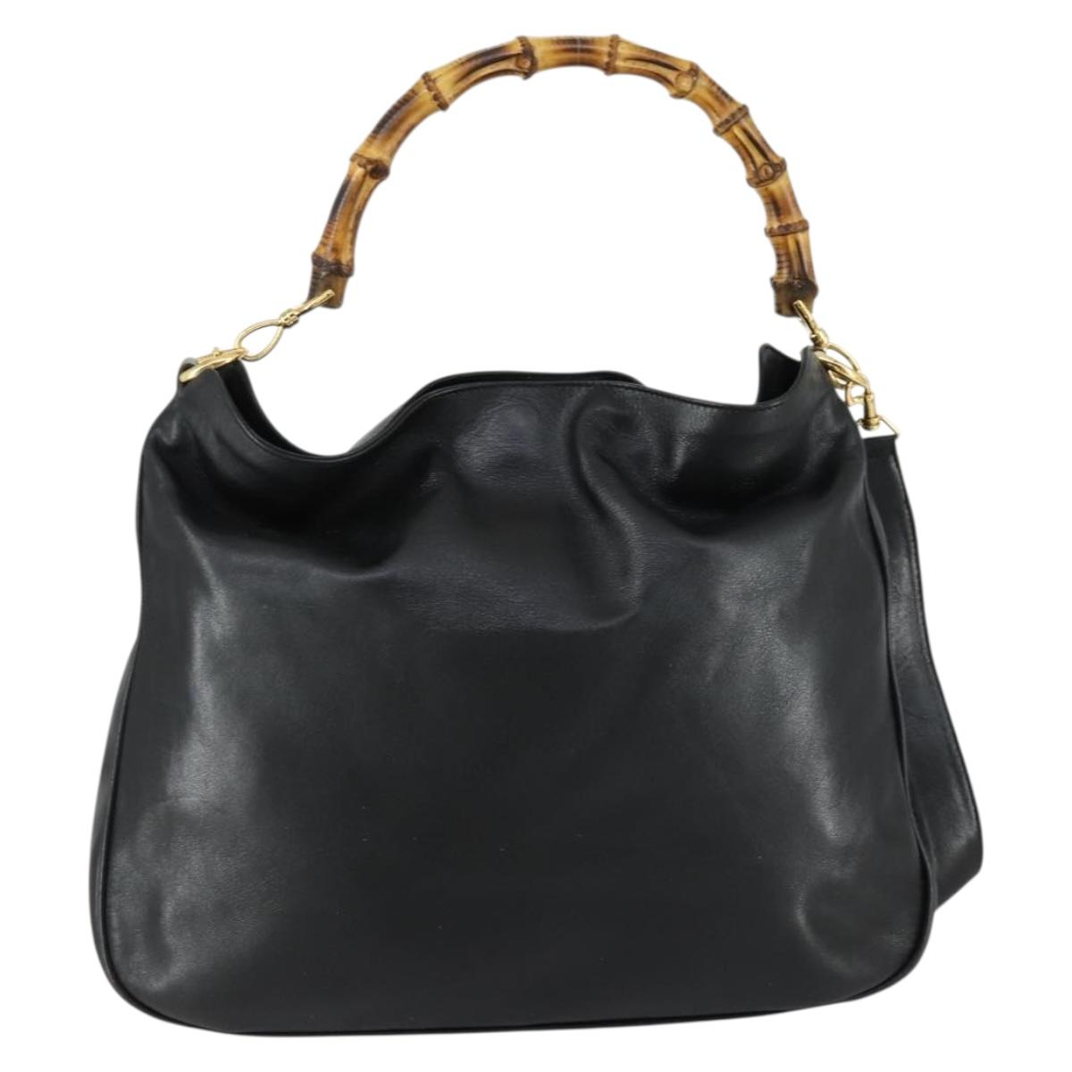 GUCCI Bamboo Shoulder Bag Leather 2way Black Gold 001 1577 2615 Auth 151534