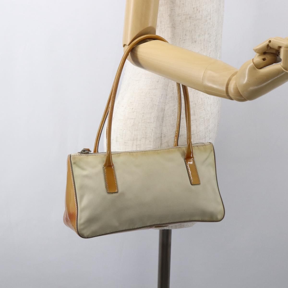 PRADA Hand Bag Nylon Beige Silver Auth 151542
