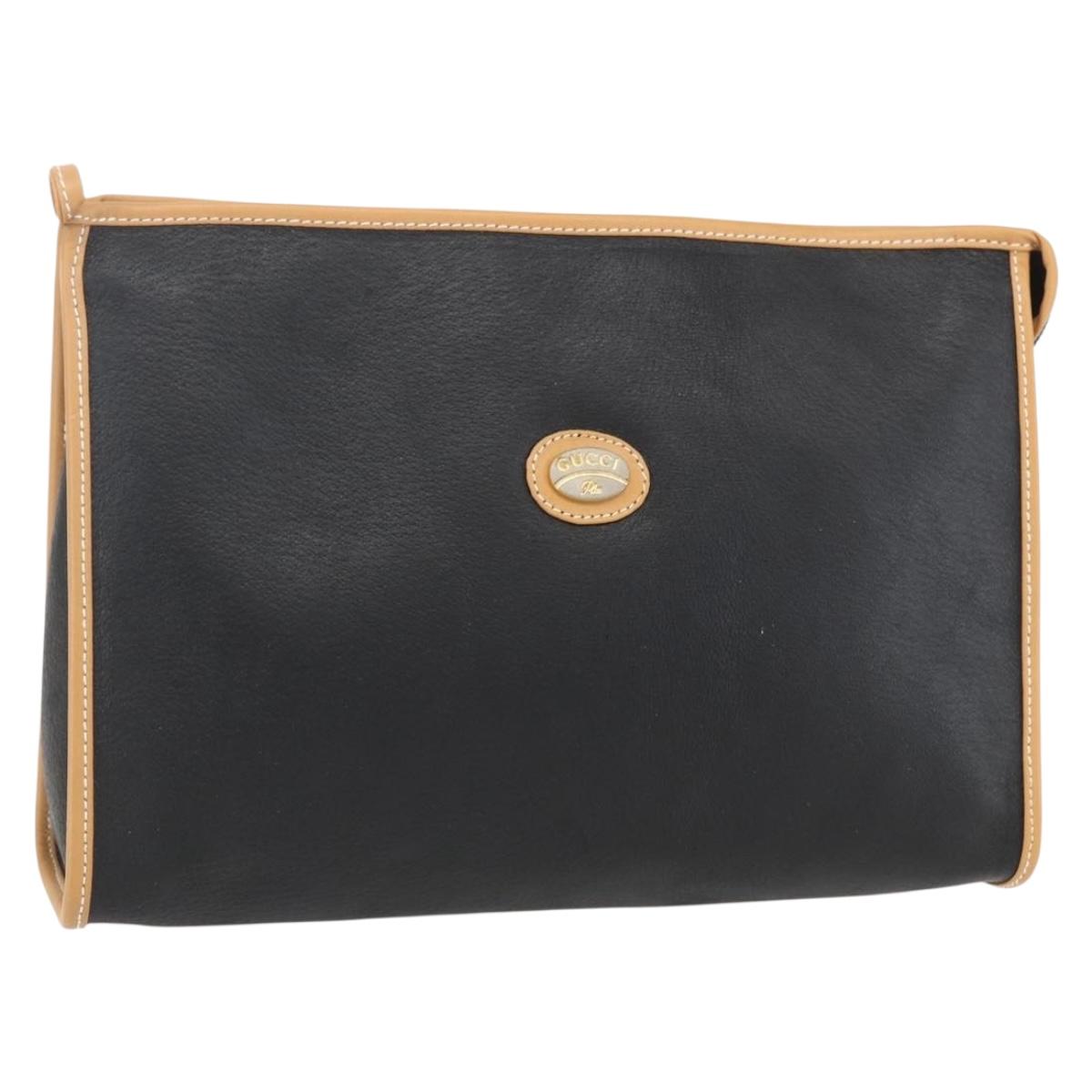 GUCCI Clutch Bag Leather Black Gold Auth 151548