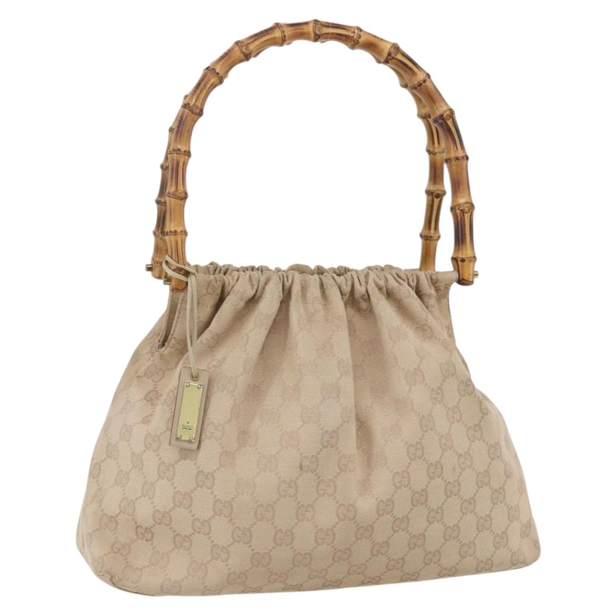 GUCCI GG Canvas Bamboo Shoulder Bag Beige Gold Auth 151554