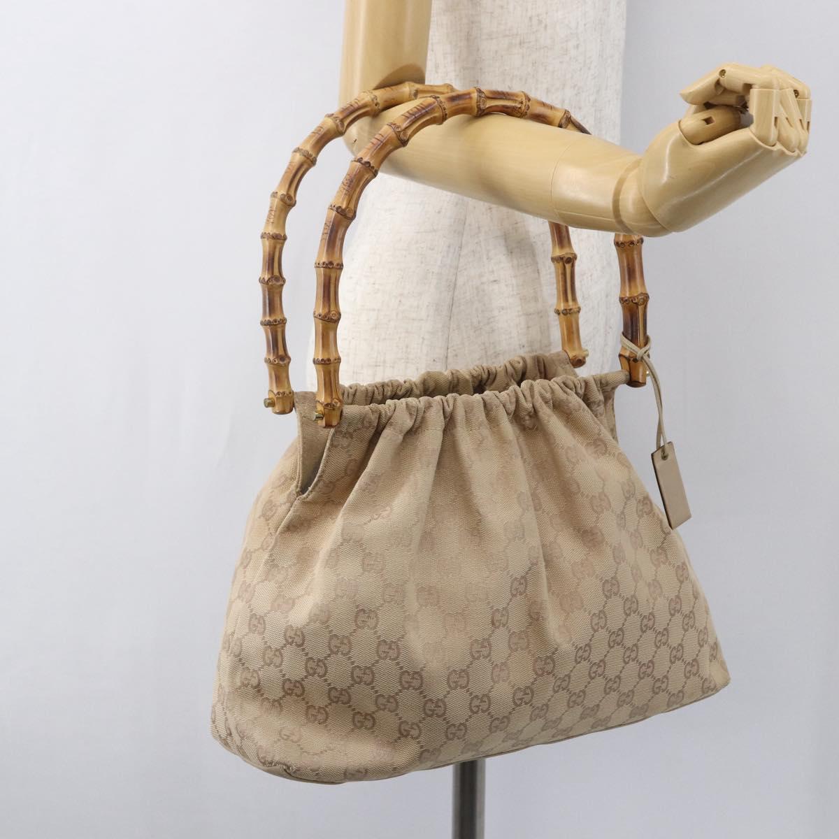 GUCCI GG Canvas Bamboo Shoulder Bag Beige Gold Auth 151554