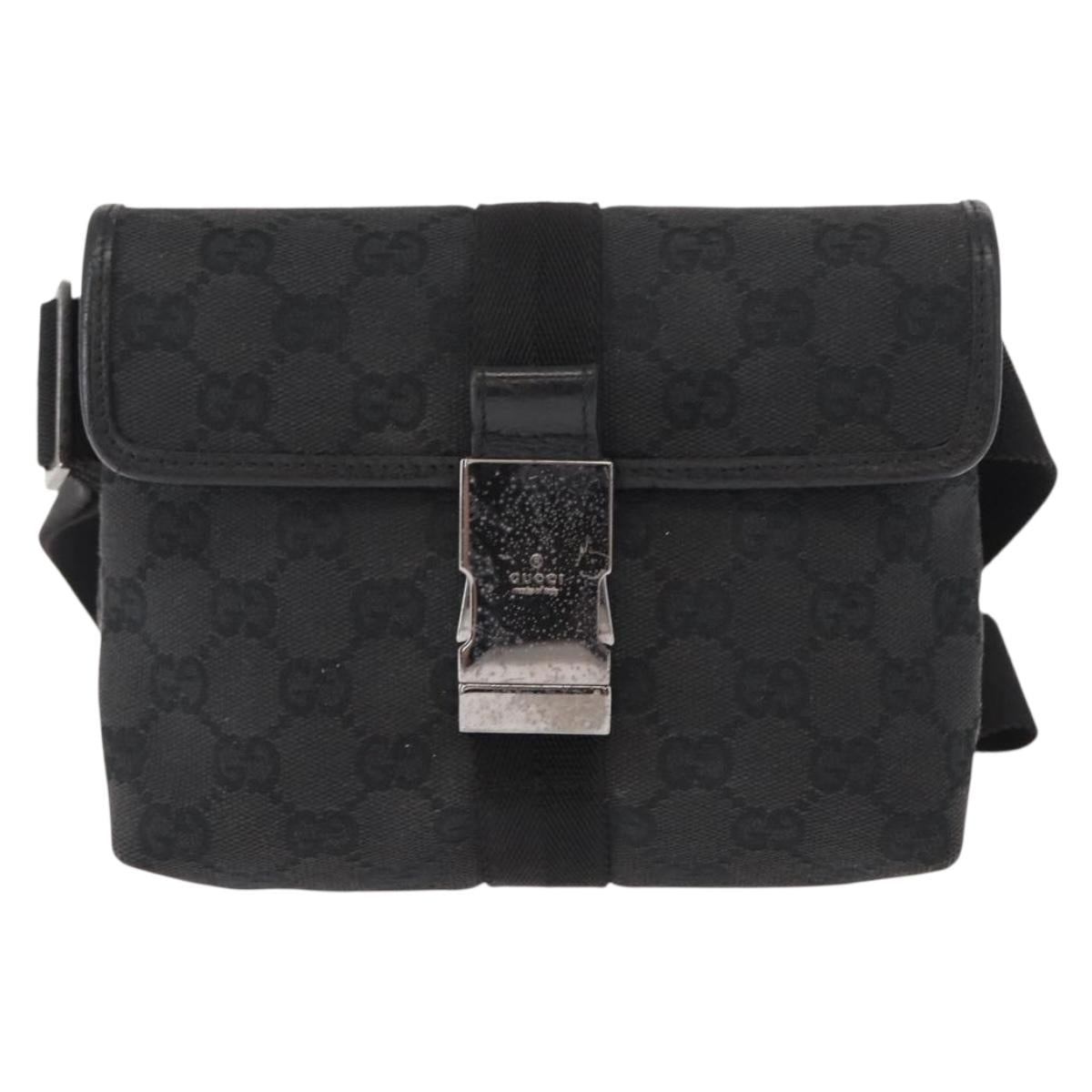 GUCCI GG Canvas Waist Bag Black Silver 131236 Auth 151557