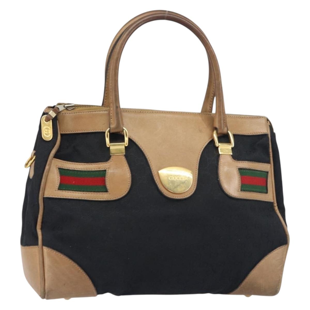 GUCCI GG Canvas Web Sherry Line Boston Bag Black Gold Auth 151566