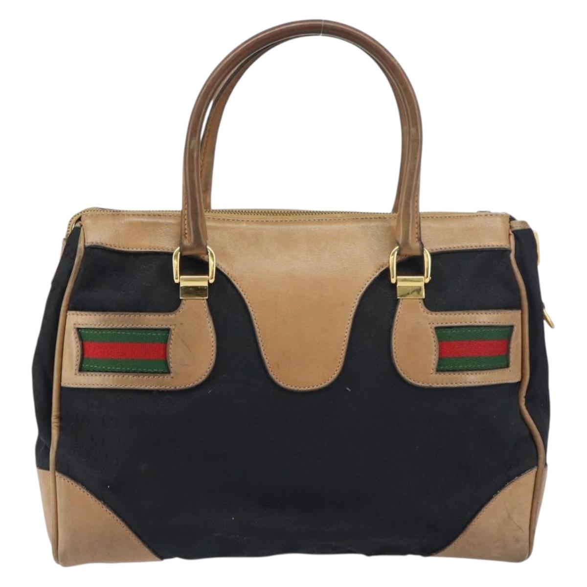 GUCCI GG Canvas Web Sherry Line Boston Bag Black Gold Auth 151566