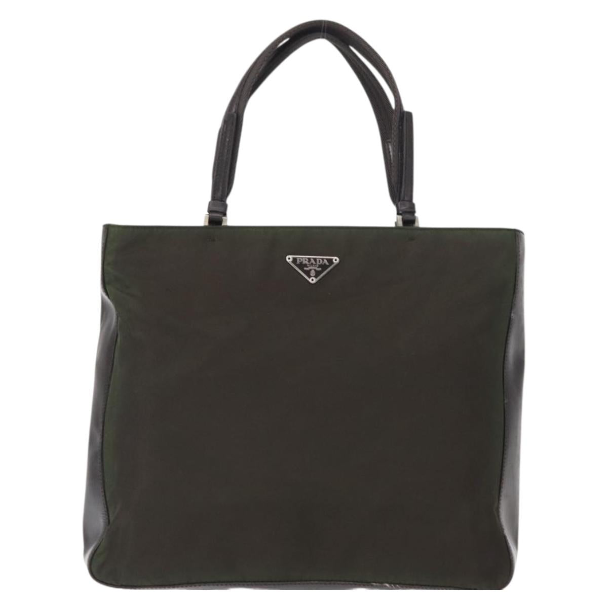 PRADA Hand Bag Nylon Khaki Silver Auth 151570