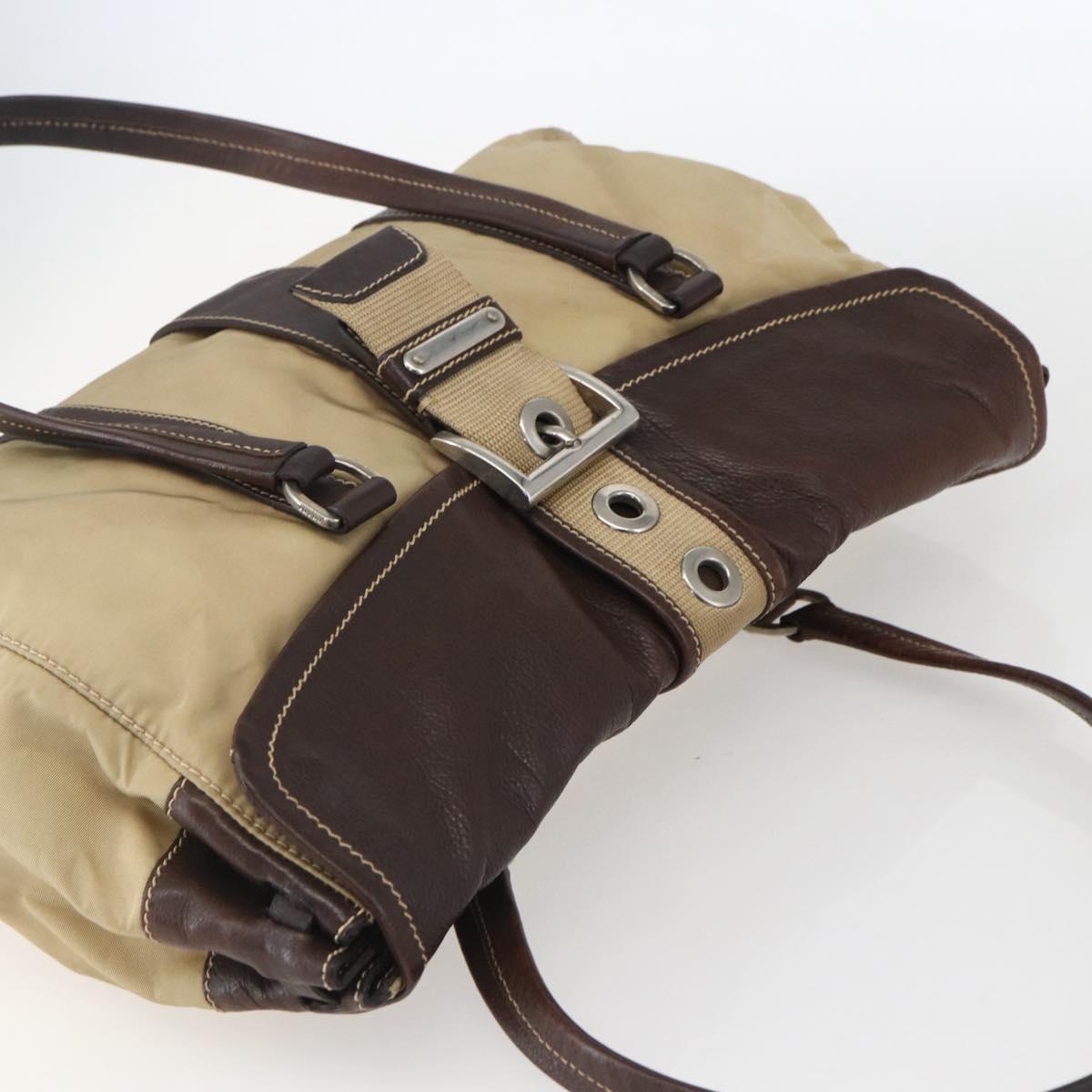 PRADA Hand Bag Nylon Beige Silver Auth 151576