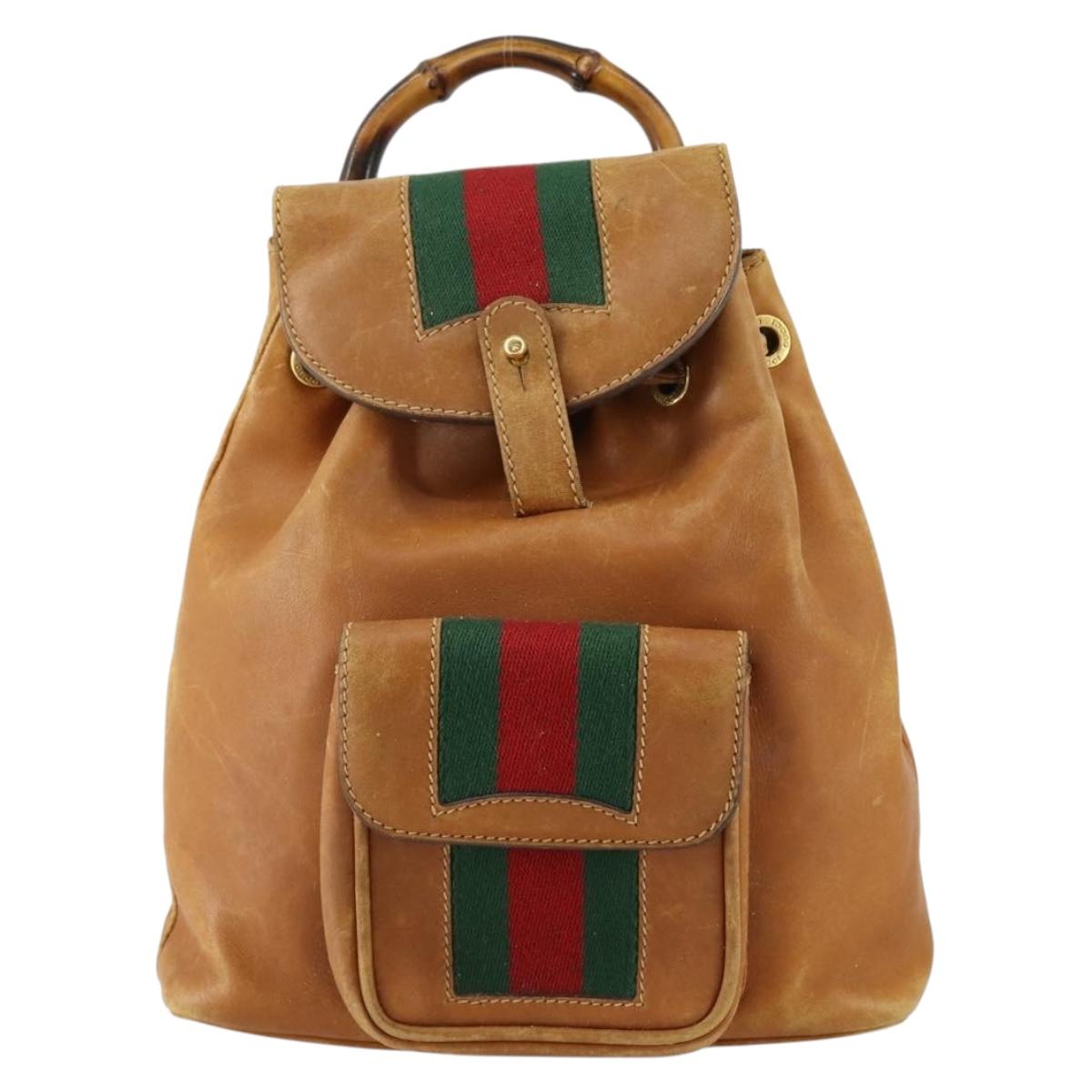 GUCCI Bamboo Web Sherry Line Backpack Leather Brown Red Auth 151581