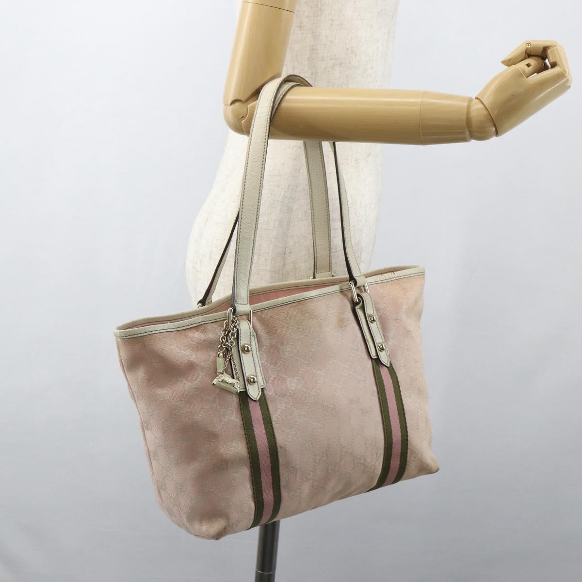 GUCCI GG Canvas Sherry Line Tote Bag Pink Gold khaki 137396 Auth 151602