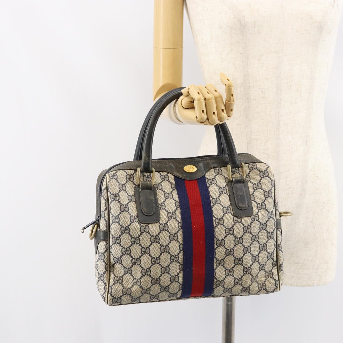 GUCCI GG Supreme Sherry Line Hand Bag PVC Navy Gold Auth 151610
