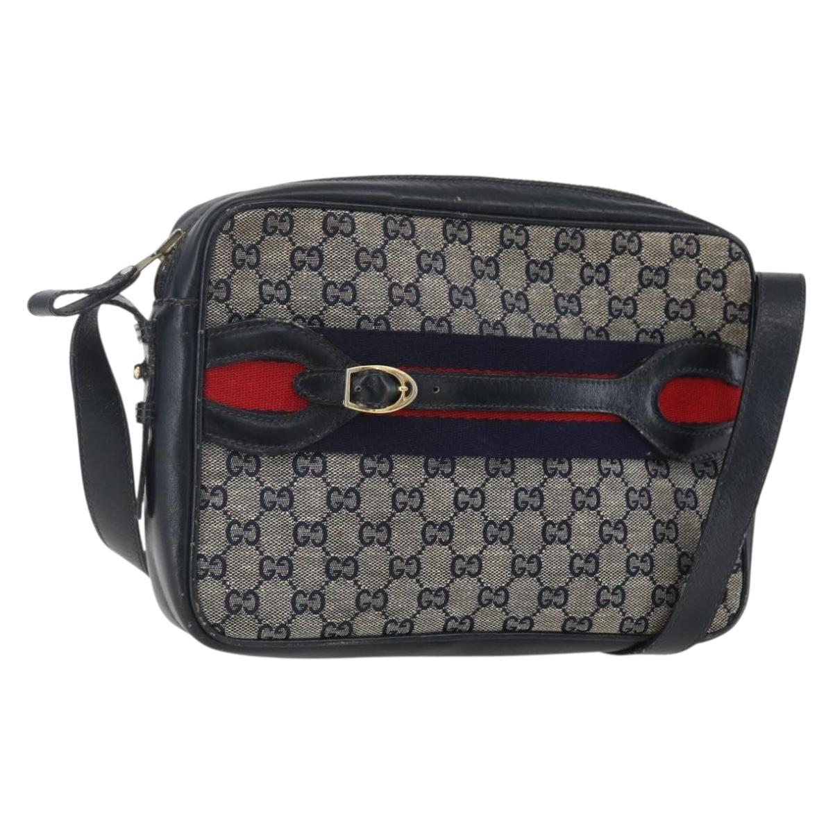 GUCCI GG Canvas Sherry Line Shoulder Bag Navy Gold Auth 151612