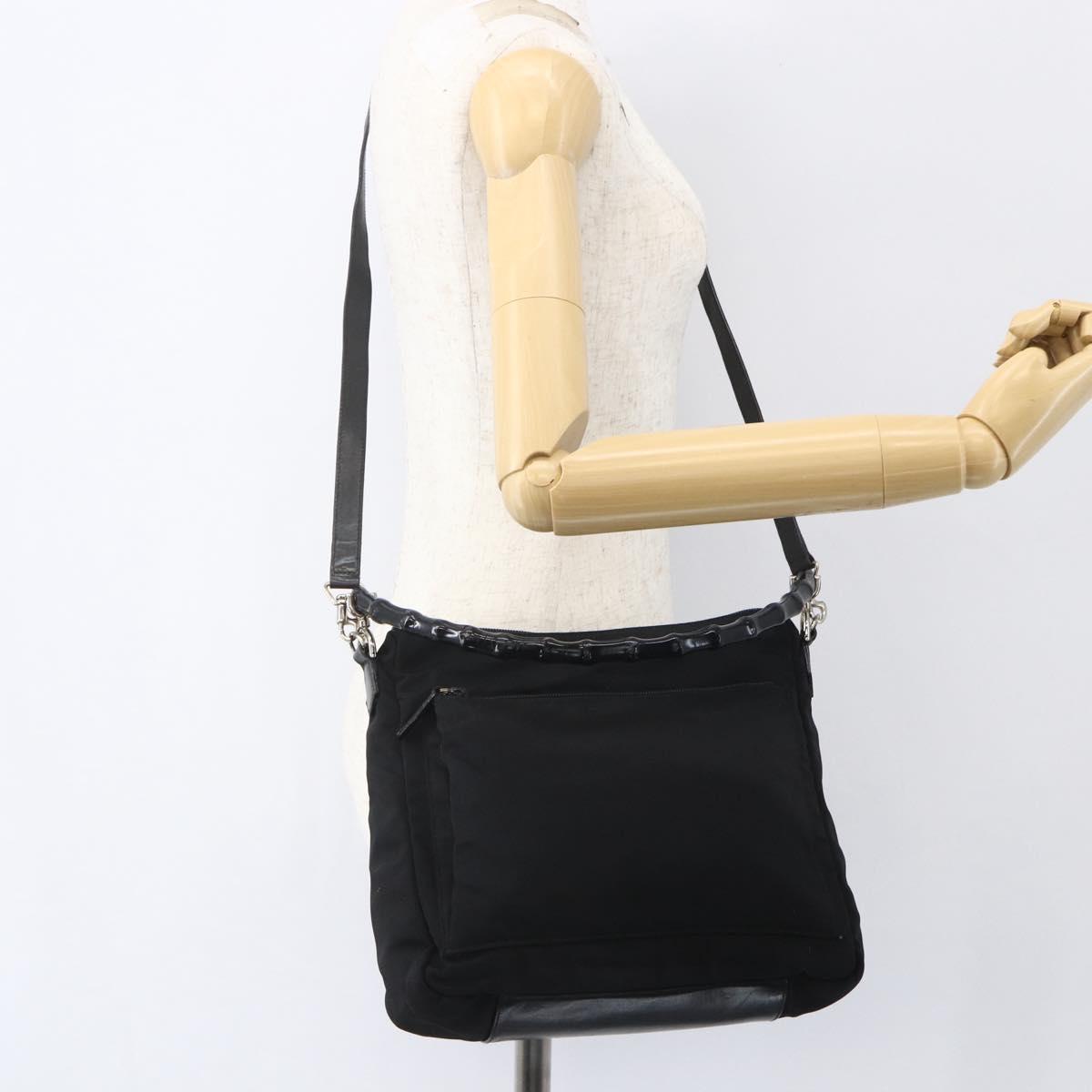 GUCCI Bamboo Shoulder Bag Nylon 2way Black Gold 000 0509 Auth 151645