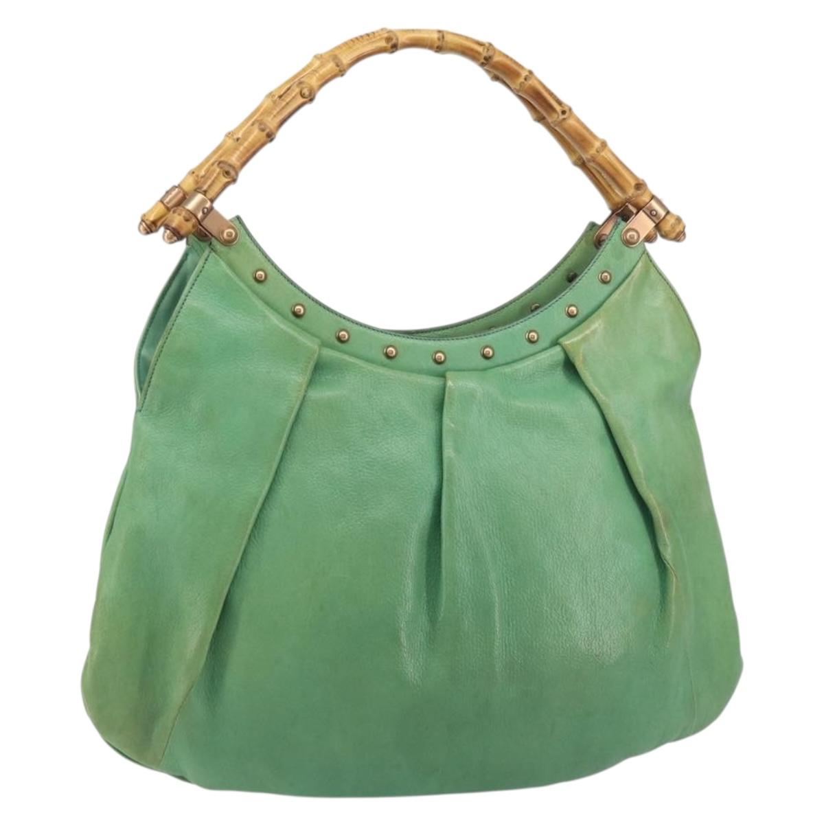 GUCCI Bamboo Hand Bag Leather Green Gold 124293 Auth 151647
