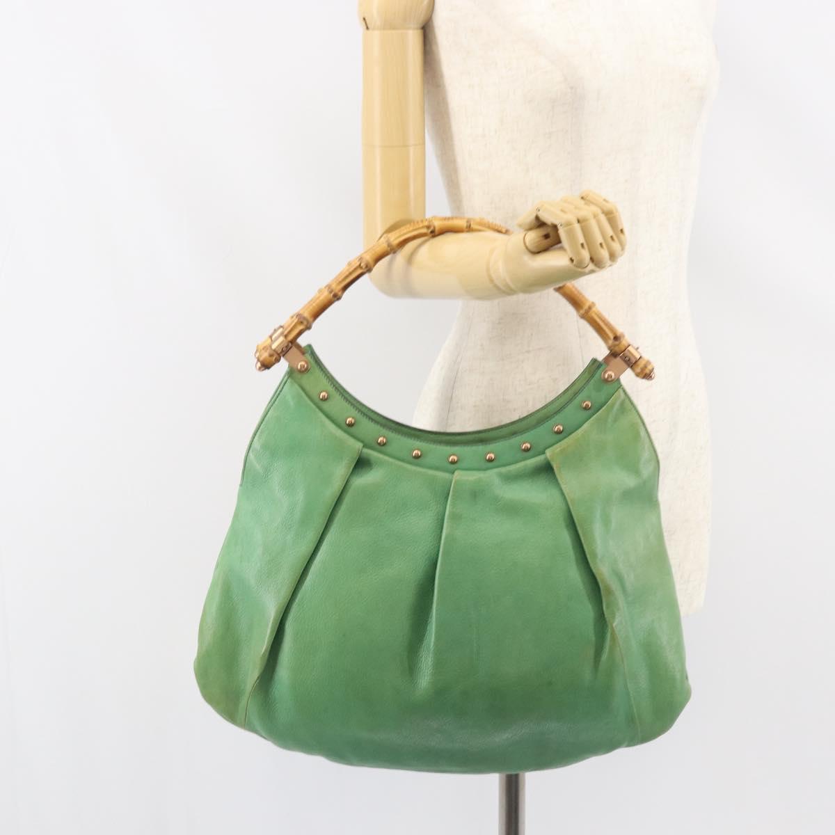 GUCCI Bamboo Hand Bag Leather Green Gold 124293 Auth 151647