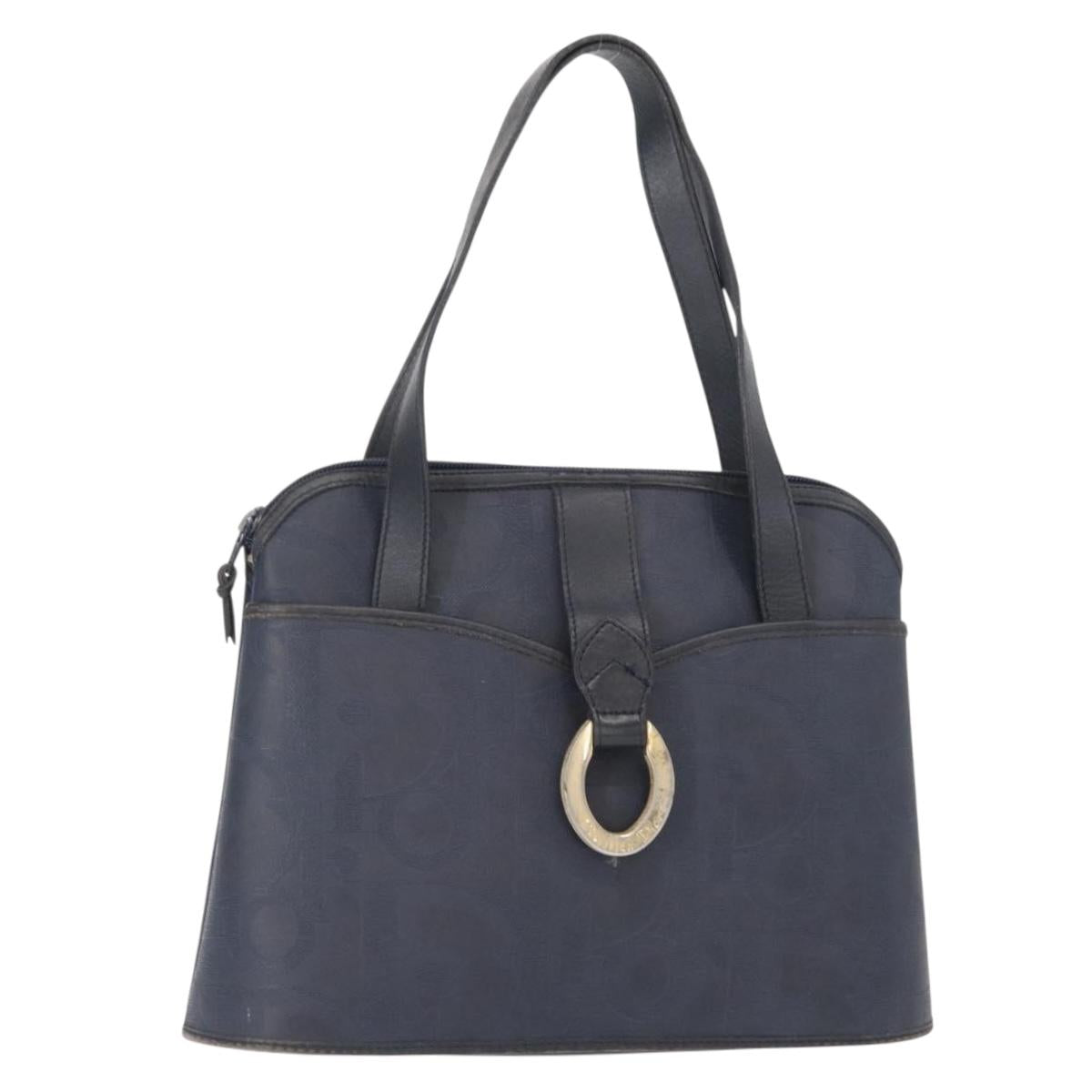 Christian Dior Hand Bag Leather Navy Gold Auth 151674