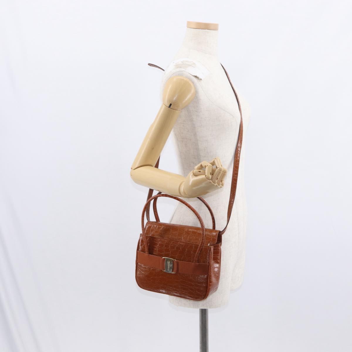 Salvatore Ferragamo Vala Hand Bag Leather 2way Brown Gold Auth 151678