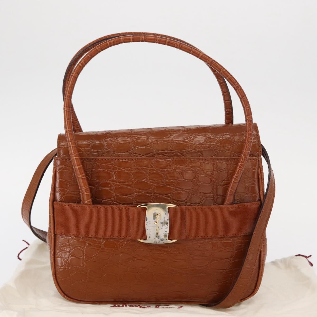 Salvatore Ferragamo Vala Hand Bag Leather 2way Brown Gold Auth 151678