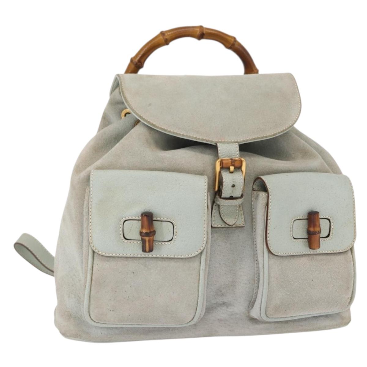 GUCCI Bamboo Backpack Suede Light Blue Gold 003 2058 0016 Auth 151681