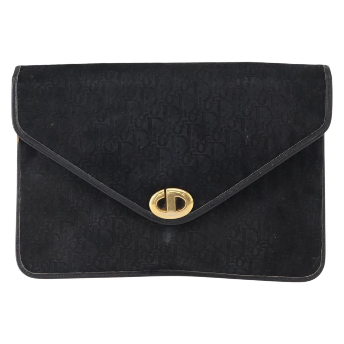 Christian Dior Trotter Canvas Clutch Bag Black Gold Auth 151684