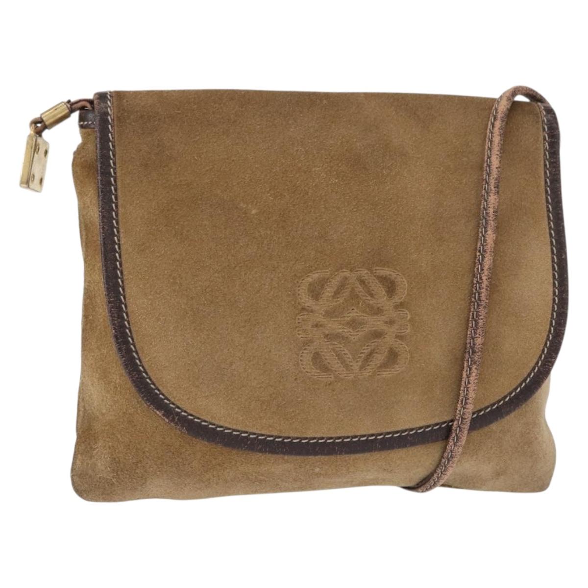 LOEWE Anagram Shoulder Bag Suede Beige Gold Auth 151693