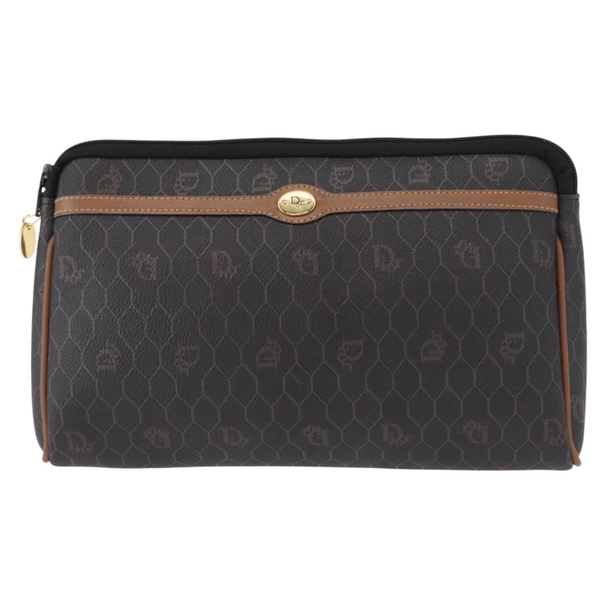 Christian Dior Honeycomb Canvas Clutch Bag PVC Black Gold Auth 151696