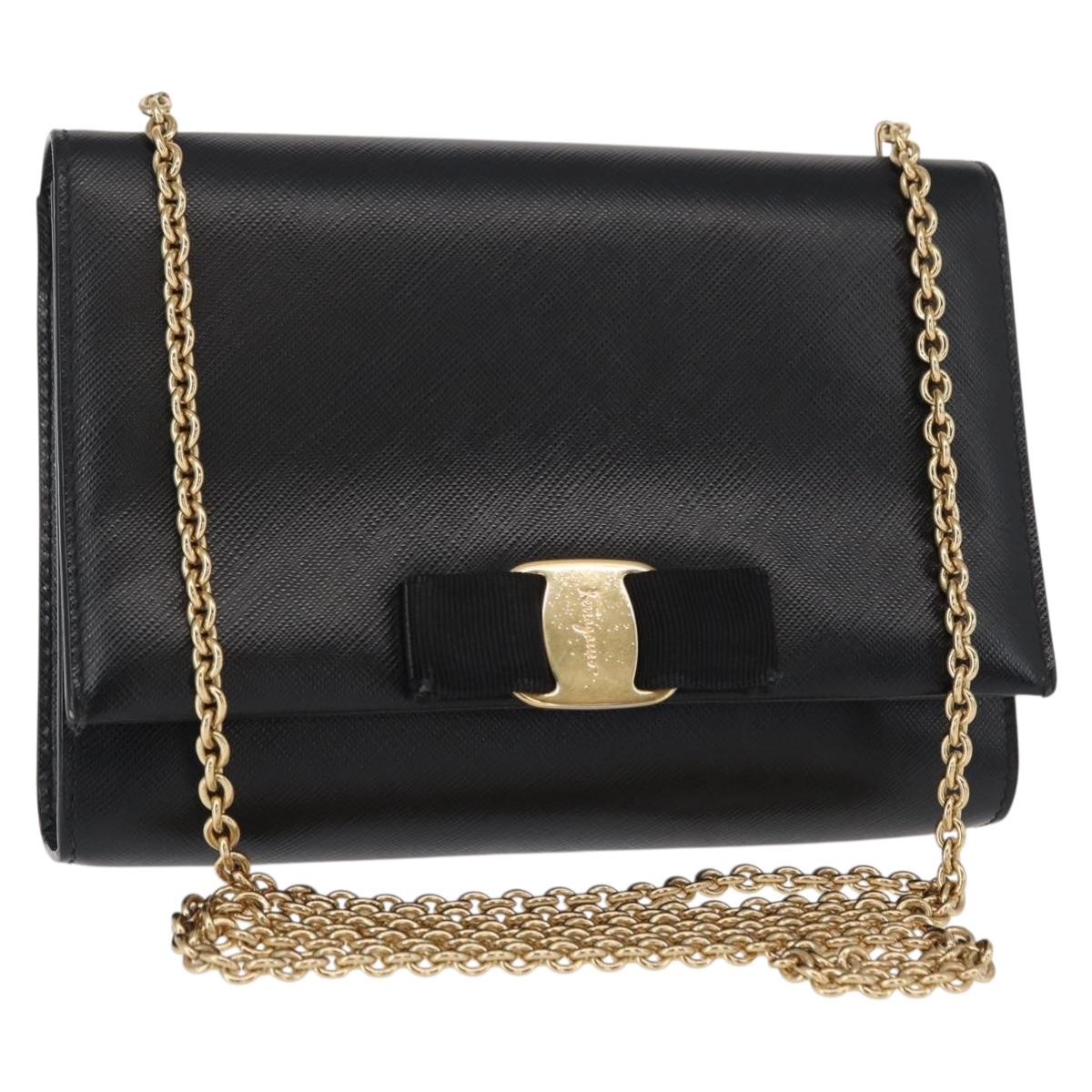 Salvatore Ferragamo Chain Shoulder Bag Leather Black Gold Auth 151702