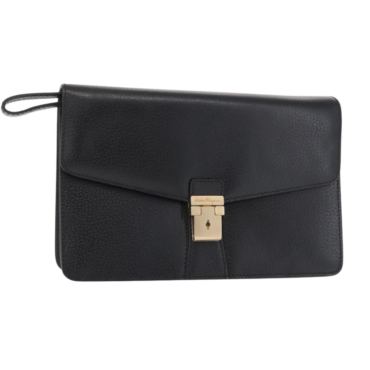 Salvatore Ferragamo Clutch Bag Leather Black Gold Auth 151716
