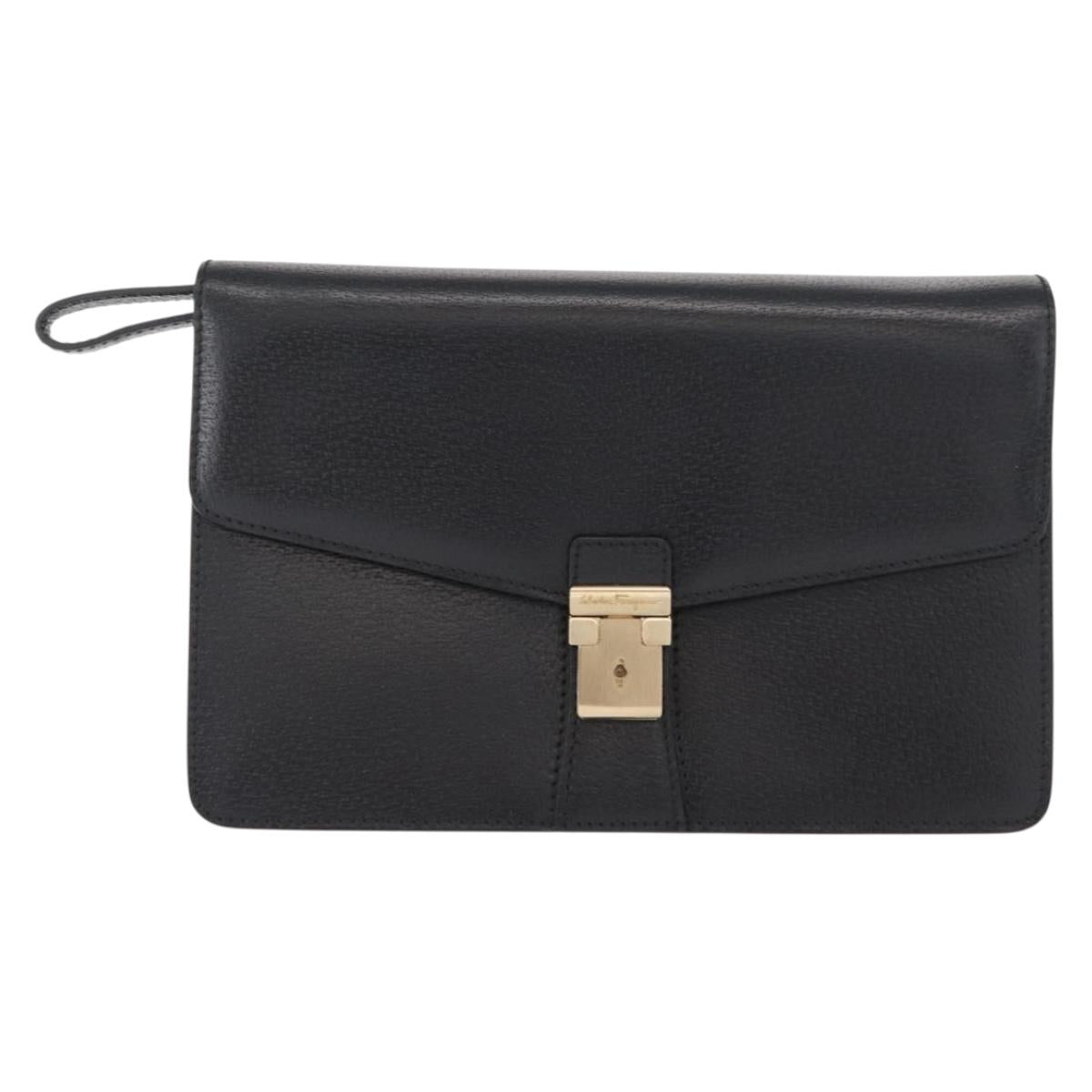 Salvatore Ferragamo Clutch Bag Leather Black Gold Auth 151716