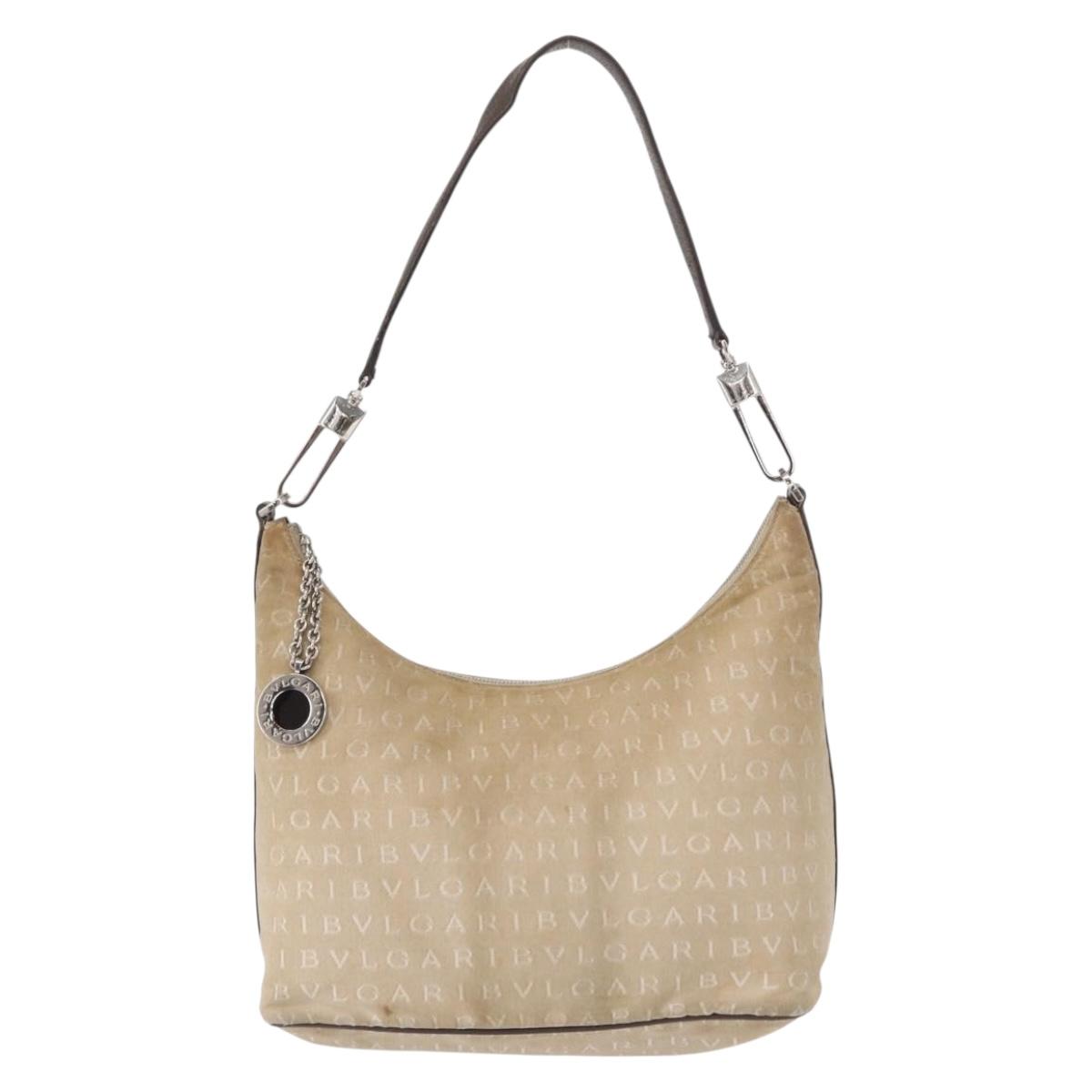 BVLGARI Shoulder Bag Canvas Beige Silver Auth 151725