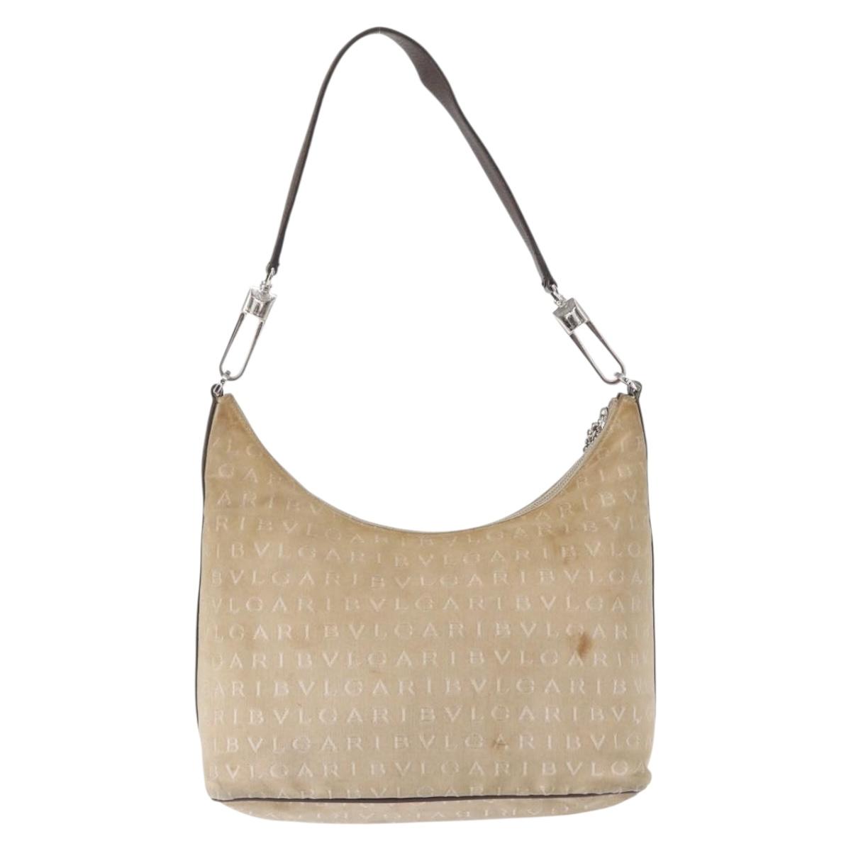 BVLGARI Shoulder Bag Canvas Beige Silver Auth 151725