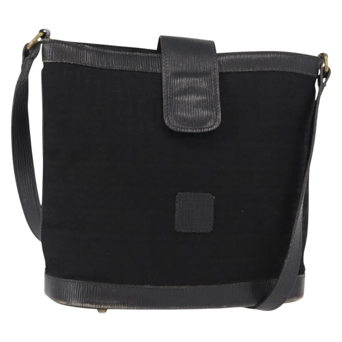 FENDI Zucchino Canvas Shoulder Bag Black Gold Auth 151737