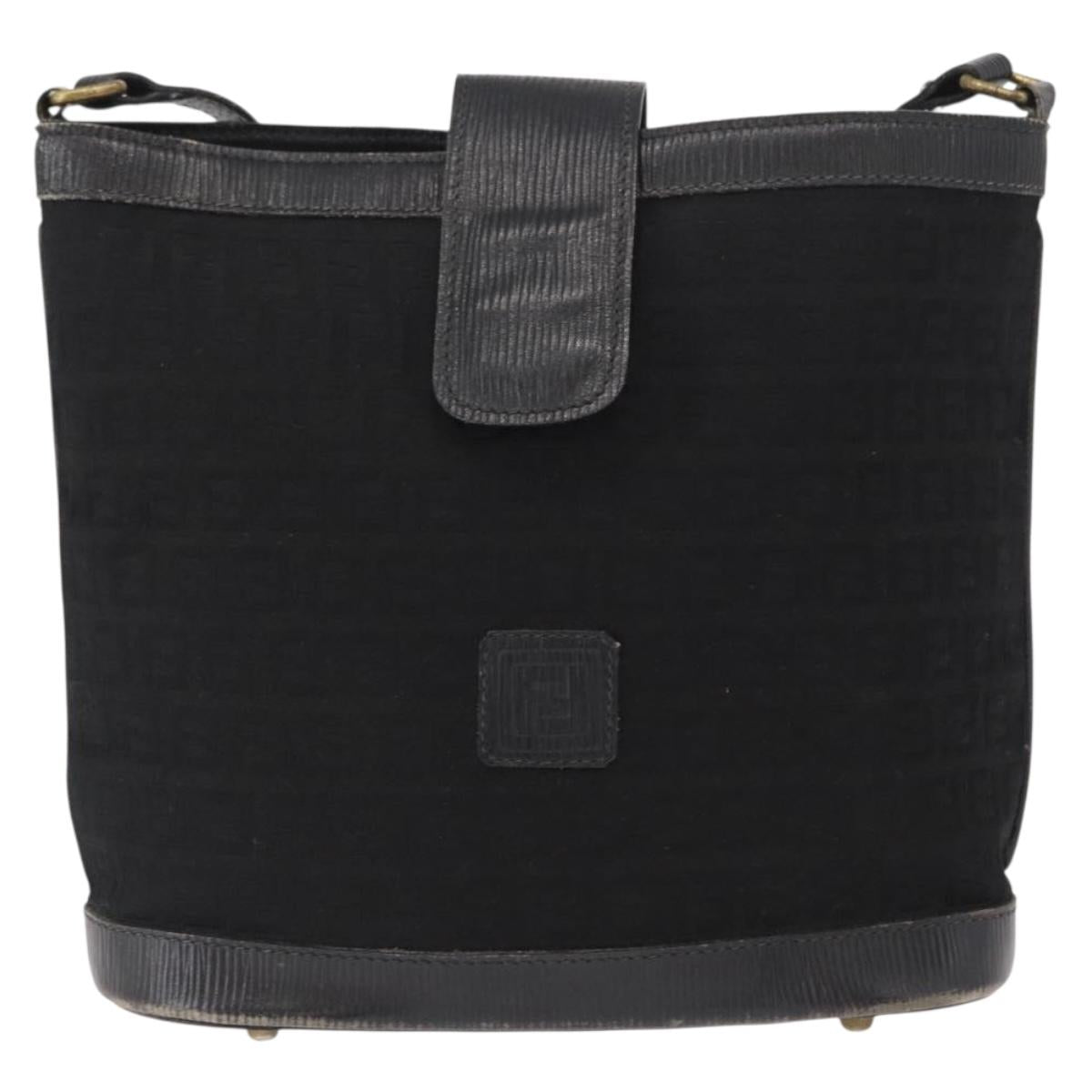 FENDI Zucchino Canvas Shoulder Bag Black Gold Auth 151737