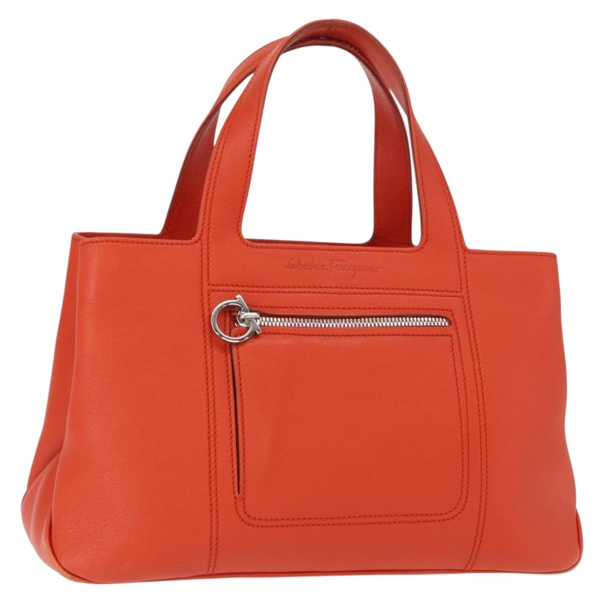 Salvatore Ferragamo Hand Bag Leather Orange Silver Auth 151757