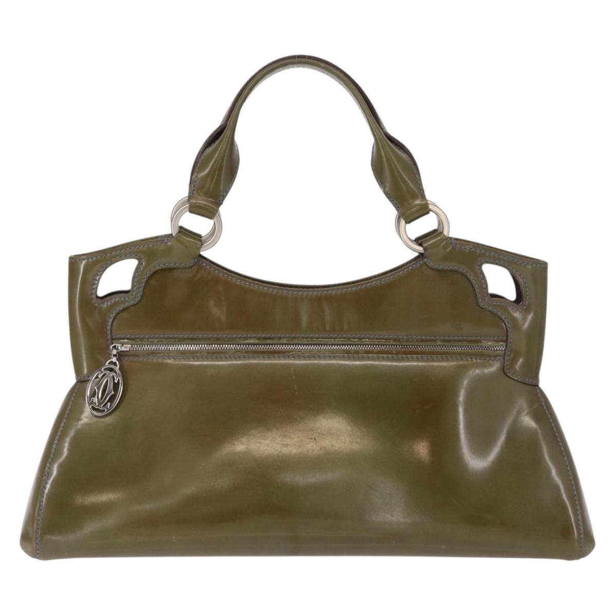 CARTIER Hand Bag Patent leather Khaki Silver Auth 151787