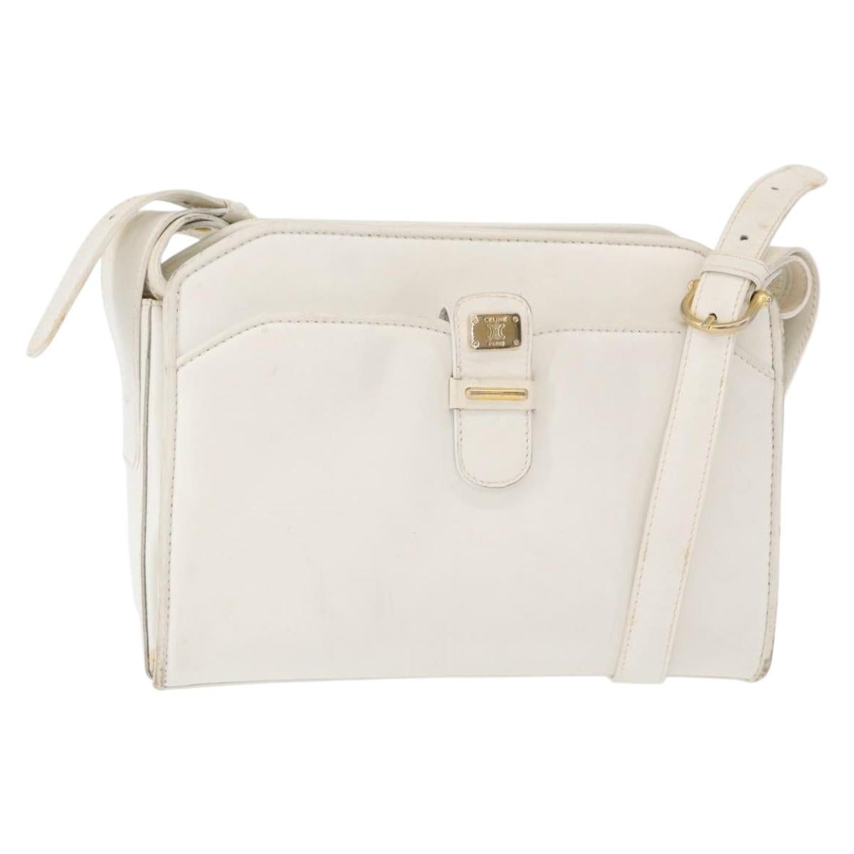 CELINE Shoulder Bag Leather White Gold Auth 151815