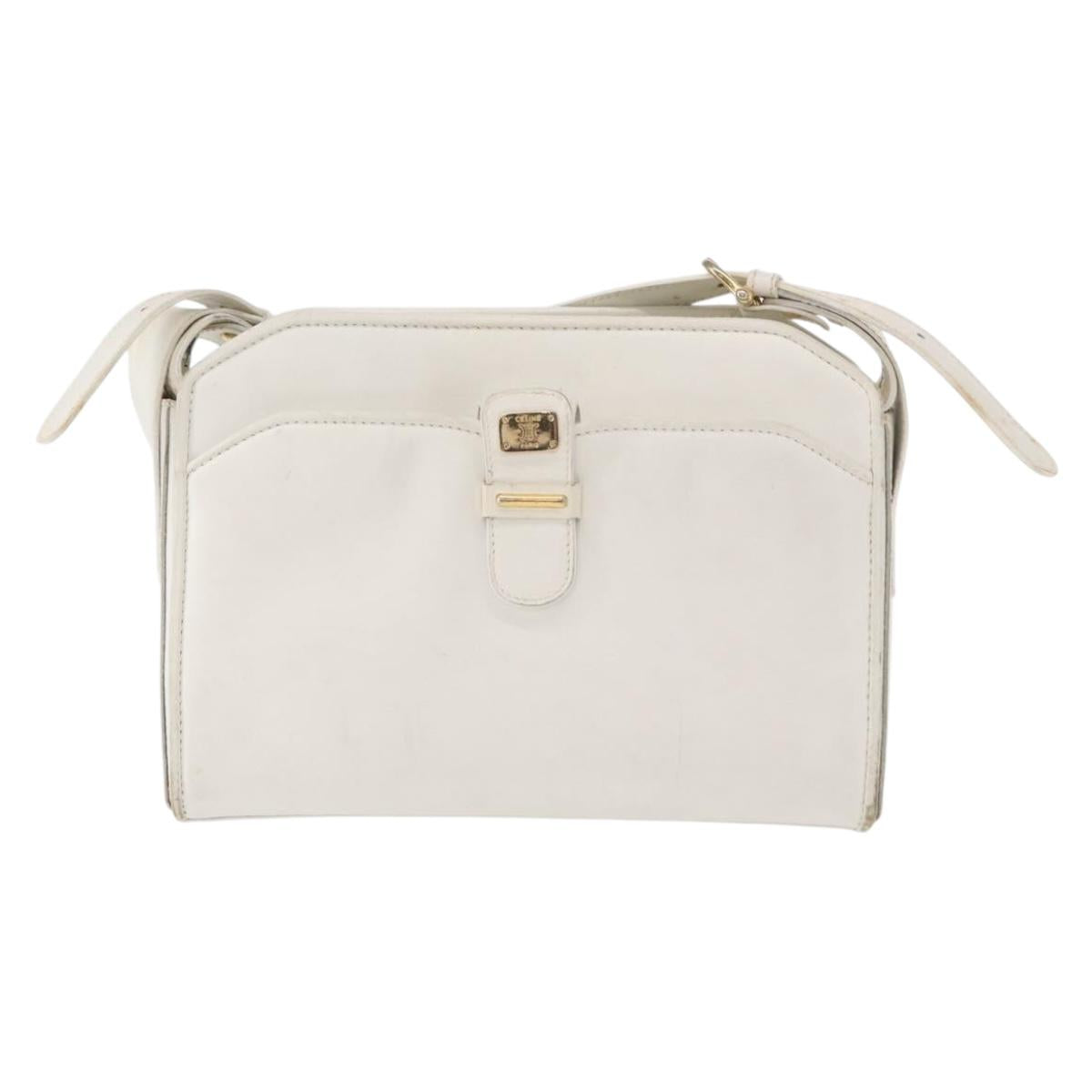 CELINE Shoulder Bag Leather White Gold Auth 151815