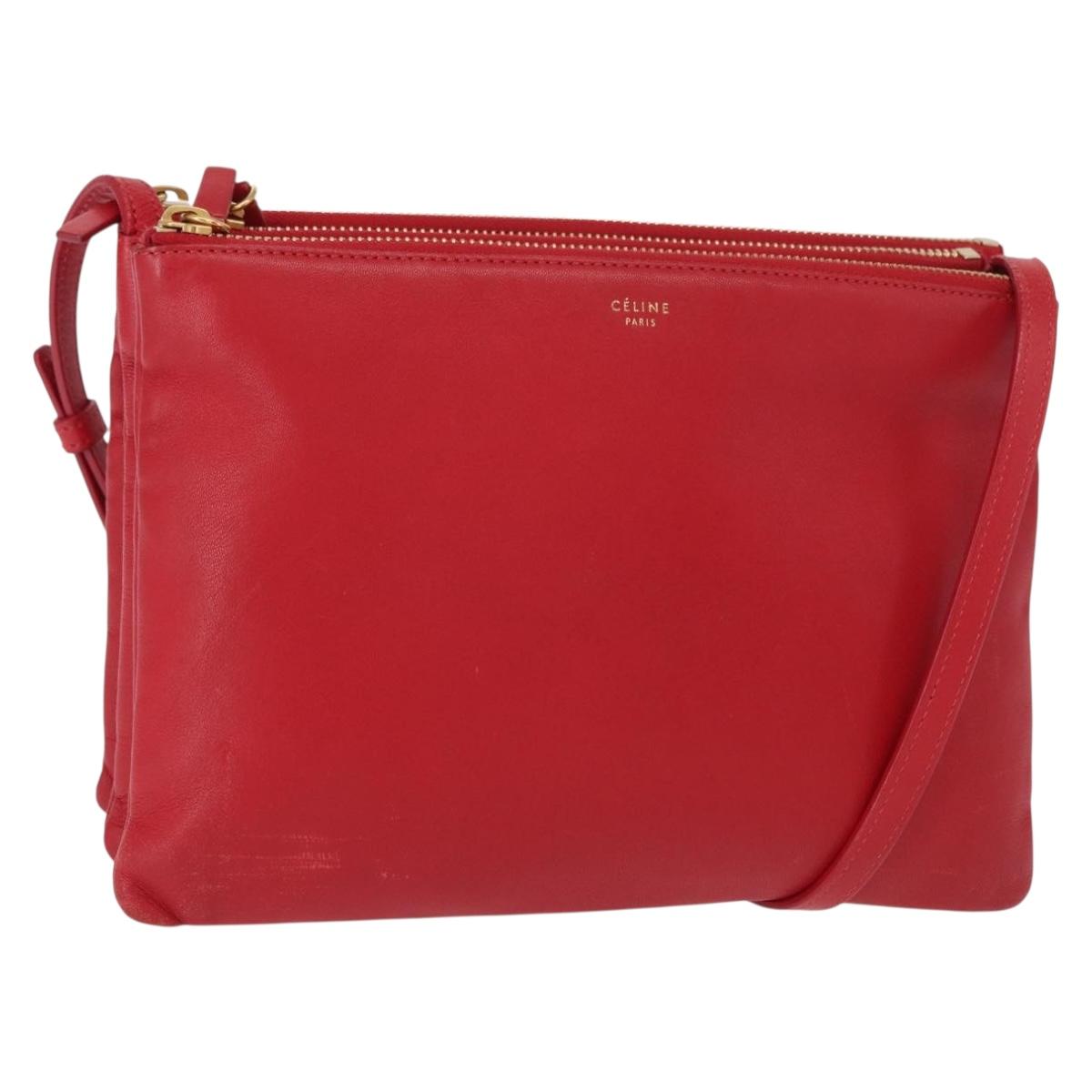 CELINE Trio Shoulder Bag Leather Red Gold Auth 151858