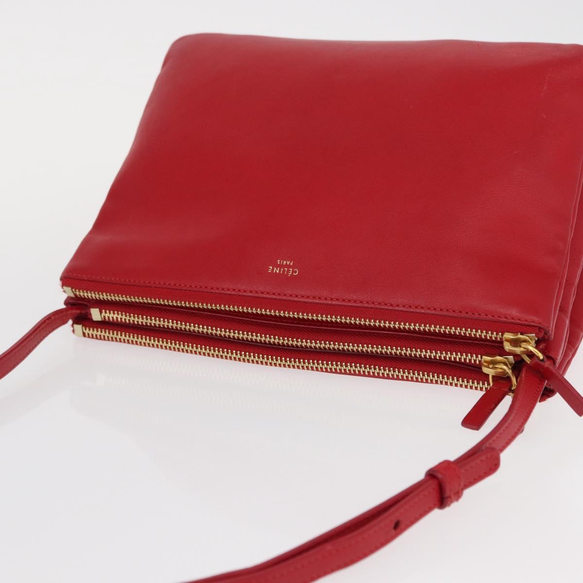 CELINE Trio Shoulder Bag Leather Red Gold Auth 151858