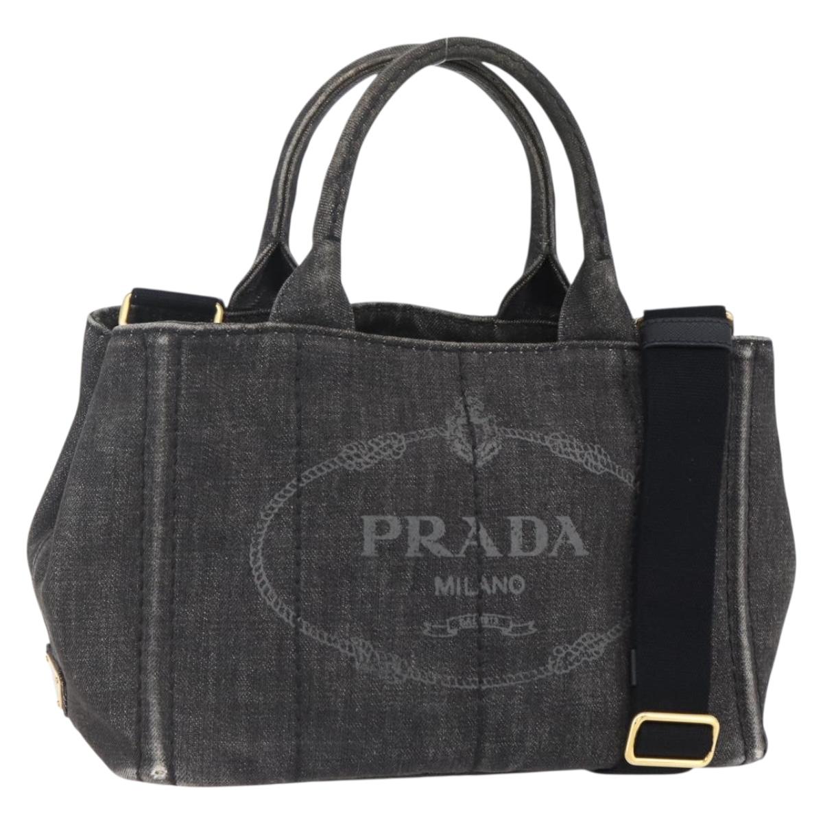PRADA Canapa PM Hand Bag Denim 2way Black Gold Auth 151881