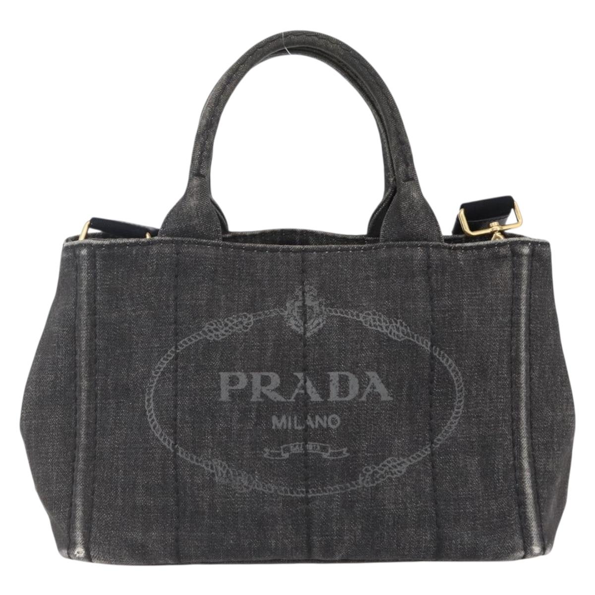 PRADA Canapa PM Hand Bag Denim 2way Black Gold Auth 151881