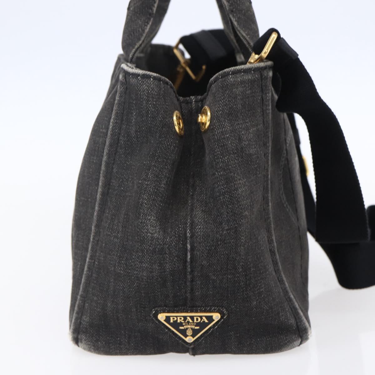 PRADA Canapa PM Hand Bag Denim 2way Black Gold Auth 151881