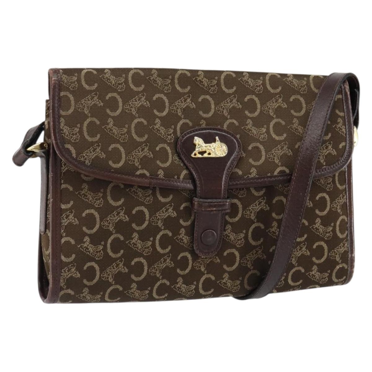 CELINE C Sulky Shoulder Bag Canvas Leather Brown Gold Auth 151887