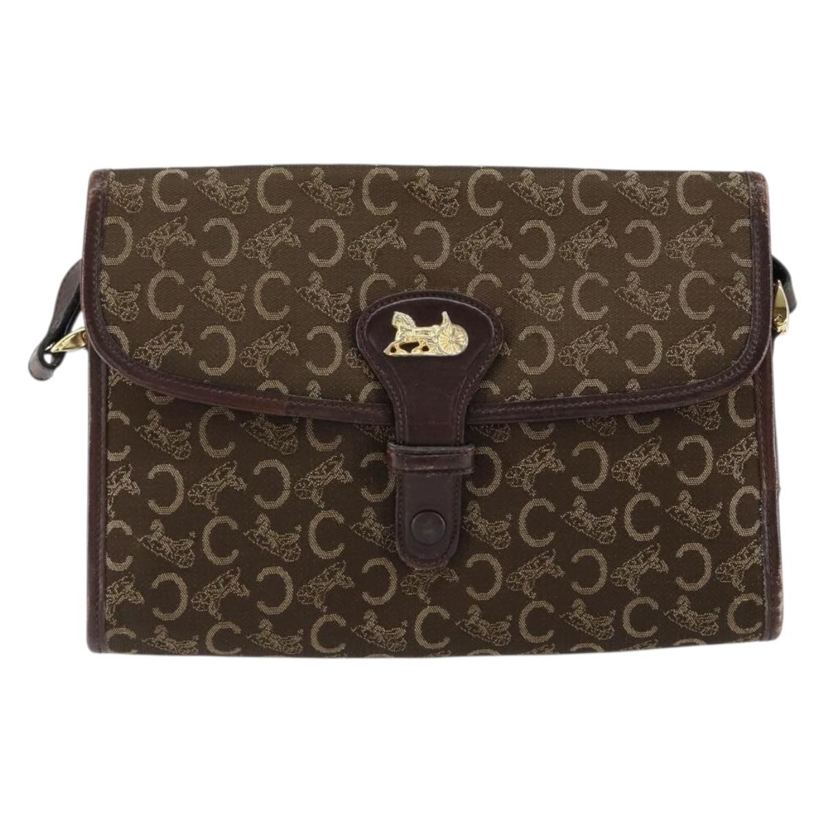 CELINE C Sulky Shoulder Bag Canvas Leather Brown Gold Auth 151887