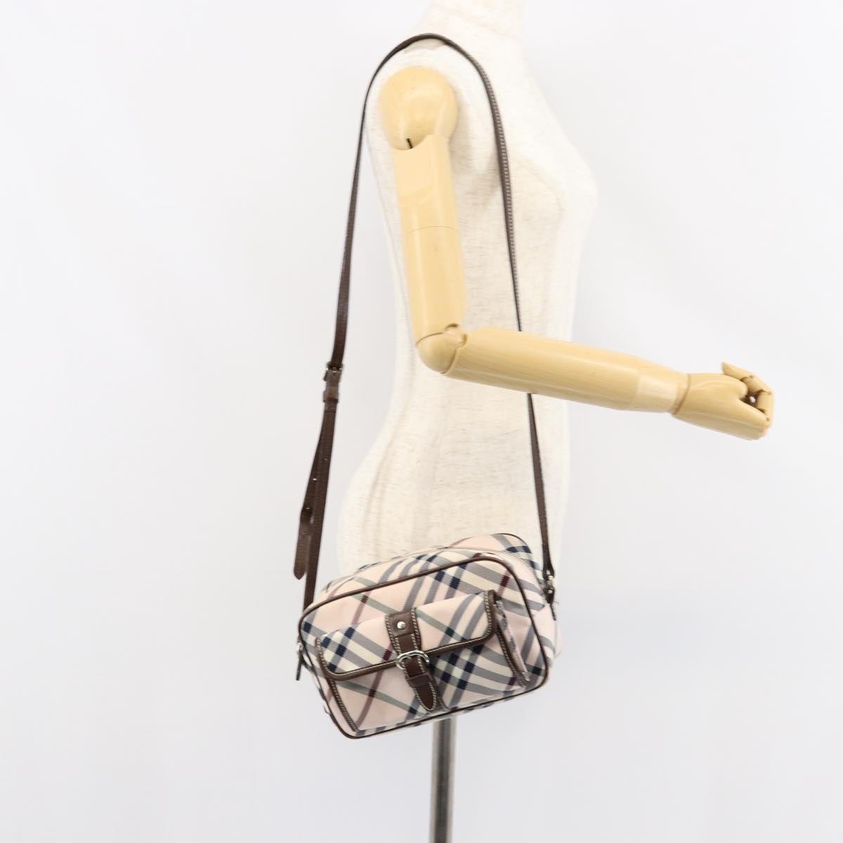 BURBERRY Nova Check Blue Label Shoulder Bag Nylon Beige Silver Auth 151897