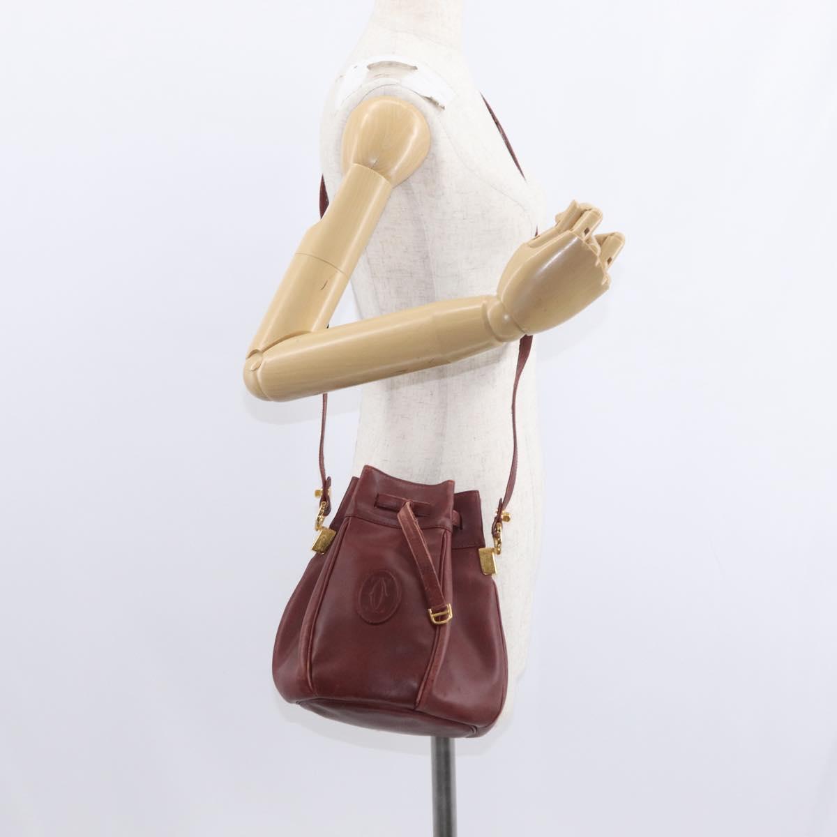 CARTIER Must Line Shoulder Bag Leather Bordeaux Gold Auth 151956