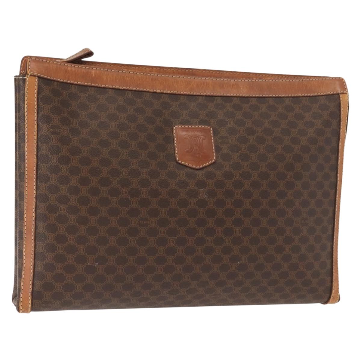 CELINE Macadam Canvas Clutch Bag PVC Leather Brown Gold Auth 151971