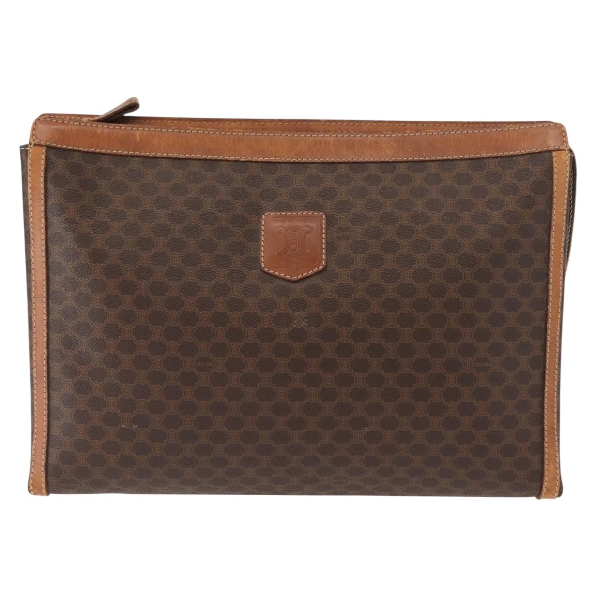 CELINE Macadam Canvas Clutch Bag PVC Leather Brown Gold Auth 151971