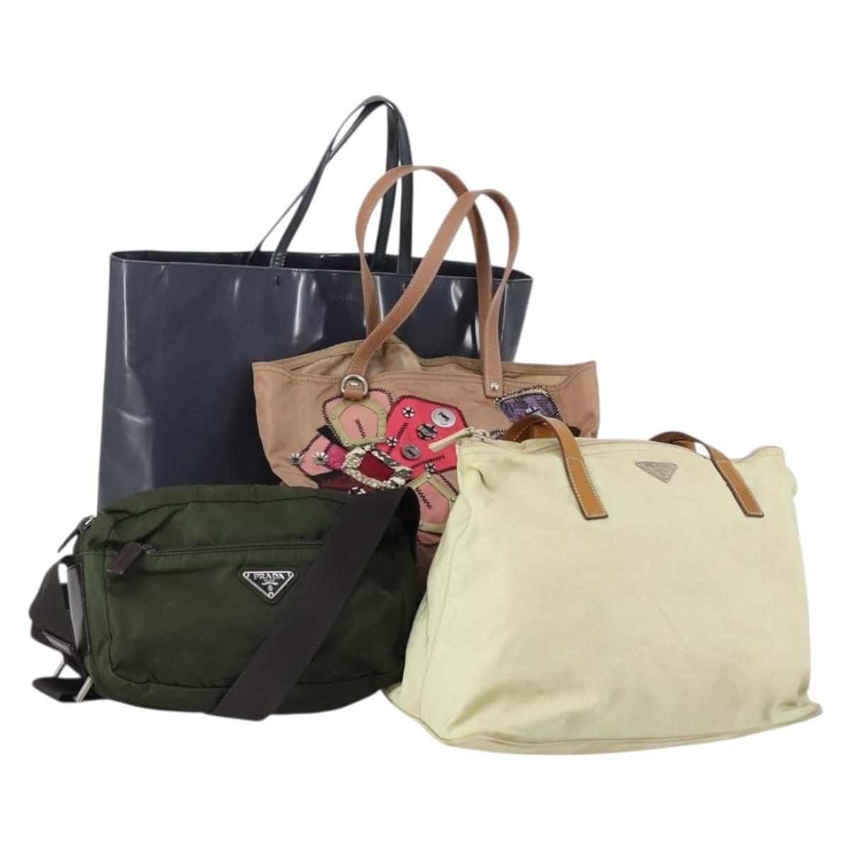 PRADA Shoulder Bag Nylon Patent 4 Set Pink Beige Navy Auth 151978