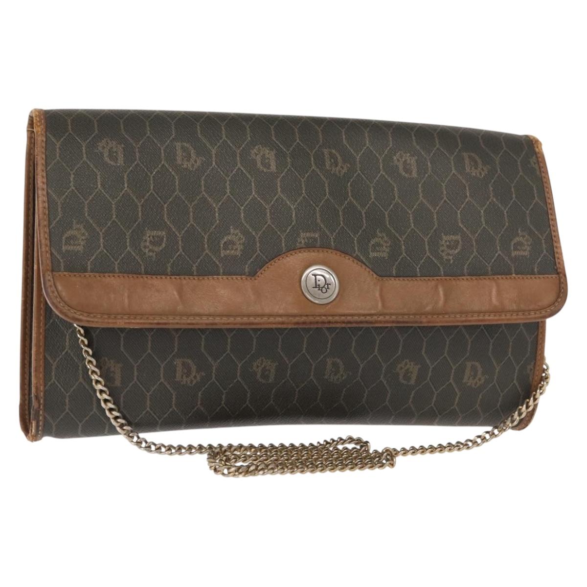 Christian Dior Honeycomb Canvas Shoulder Bag PVC Khaki Gold Auth 151985