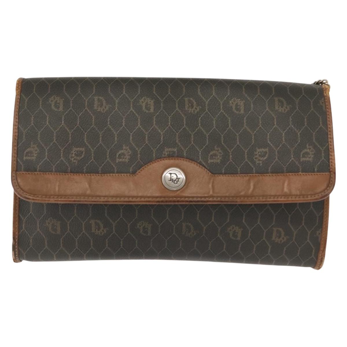 Christian Dior Honeycomb Canvas Shoulder Bag PVC Khaki Gold Auth 151985